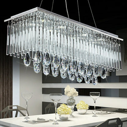 Rectangle Kitchen Island Crystal Drops Chandelier Ceiling Pendant Light For Long Dining Table-Nobipets