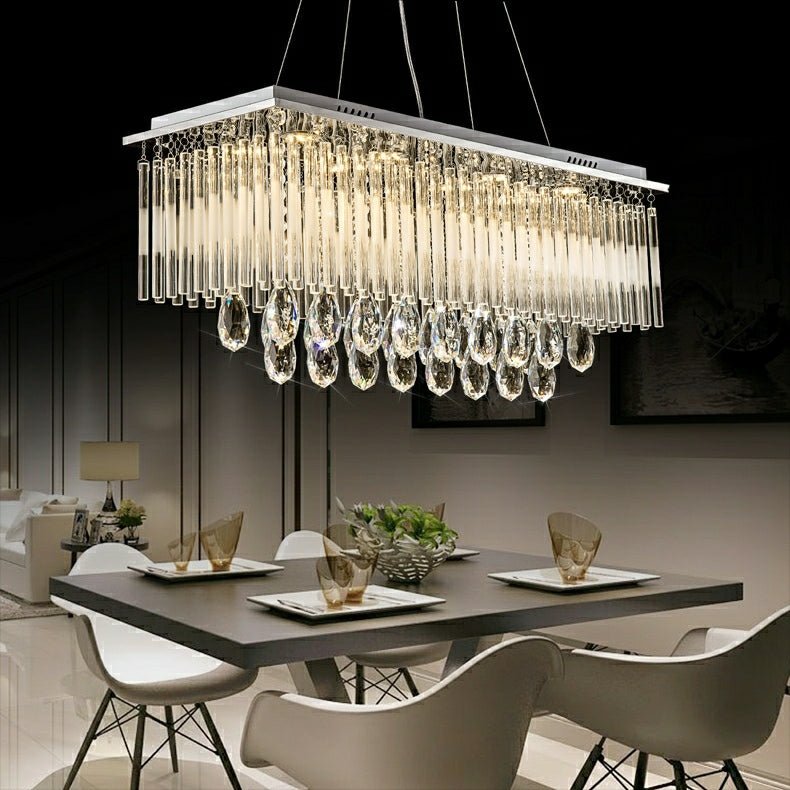 Rectangle Kitchen Island Crystal Drops Chandelier Ceiling Pendant Light For Long Dining Table-Nobipets