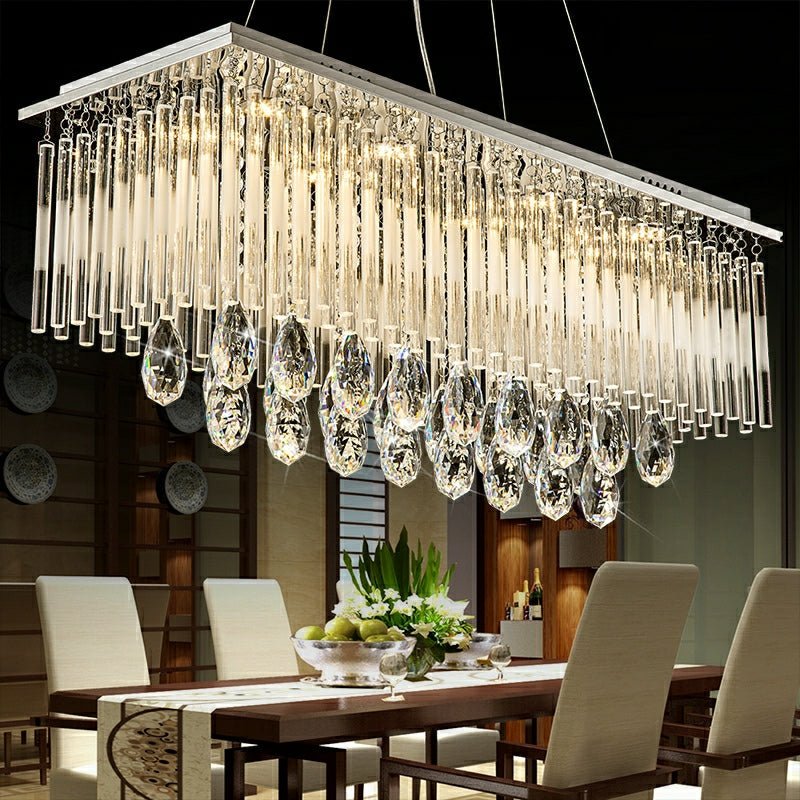 Rectangle Kitchen Island Crystal Drops Chandelier Ceiling Pendant Light For Long Dining Table-Nobipets