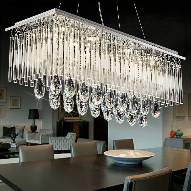 Rectangle Kitchen Island Crystal Drops Chandelier Ceiling Pendant Light For Long Dining Table-Nobipets