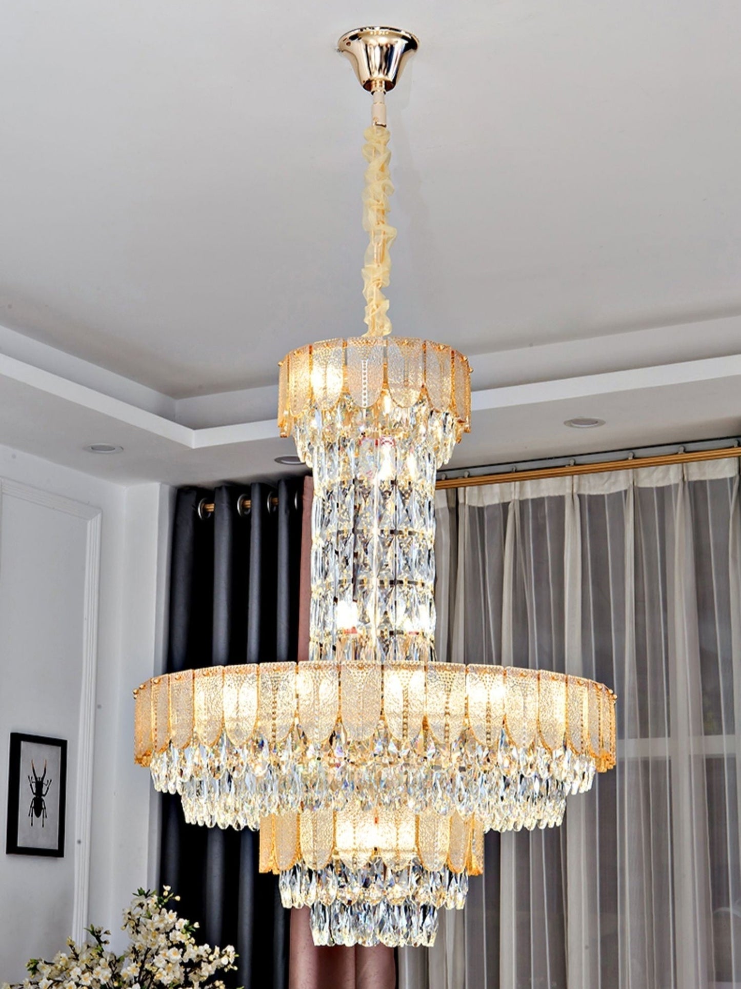 Restaurant/ Hotel Chandelier Foyer Duplex High Ceiling Light Fixture For Staircase/ Living Room In Gray/ Amber/ Blue Trimmed-Nobipets