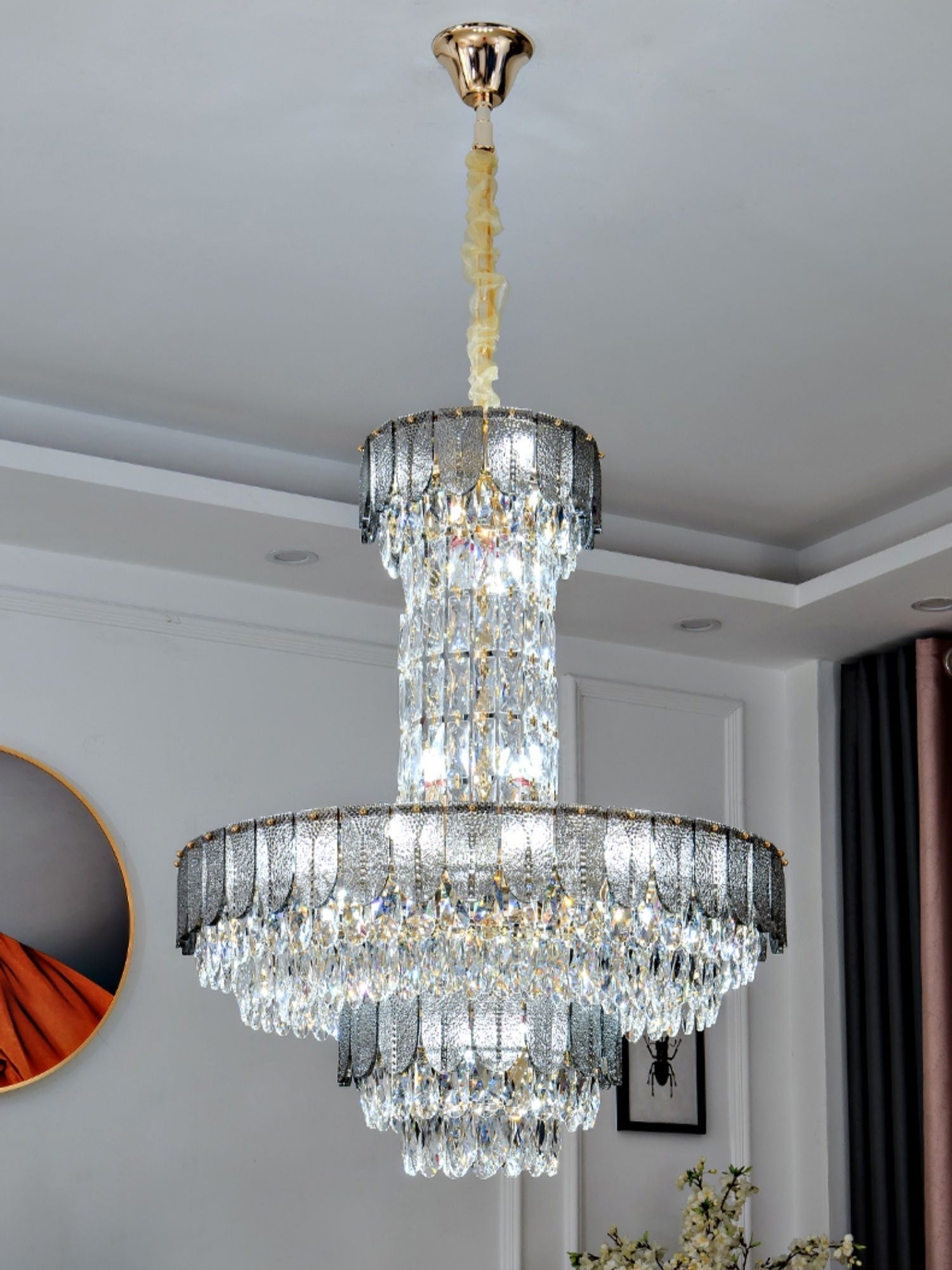 Restaurant/ Hotel Chandelier Foyer Duplex High Ceiling Light Fixture For Staircase/ Living Room In Gray/ Amber/ Blue Trimmed-Nobipets
