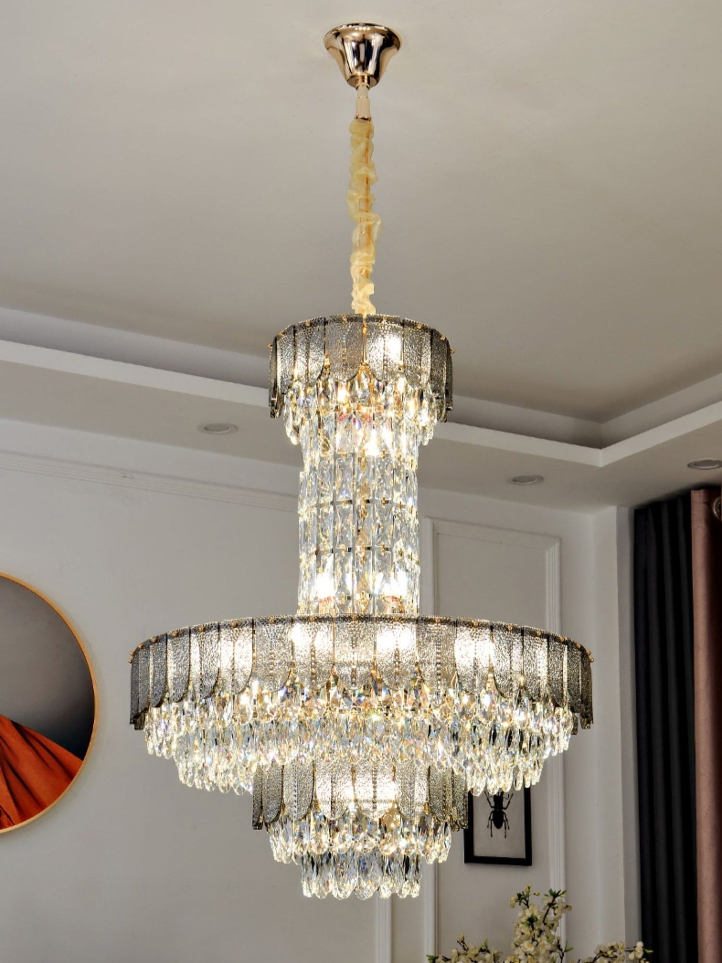 Restaurant/ Hotel Chandelier Foyer Duplex High Ceiling Light Fixture For Staircase/ Living Room In Gray/ Amber/ Blue Trimmed-Nobipets