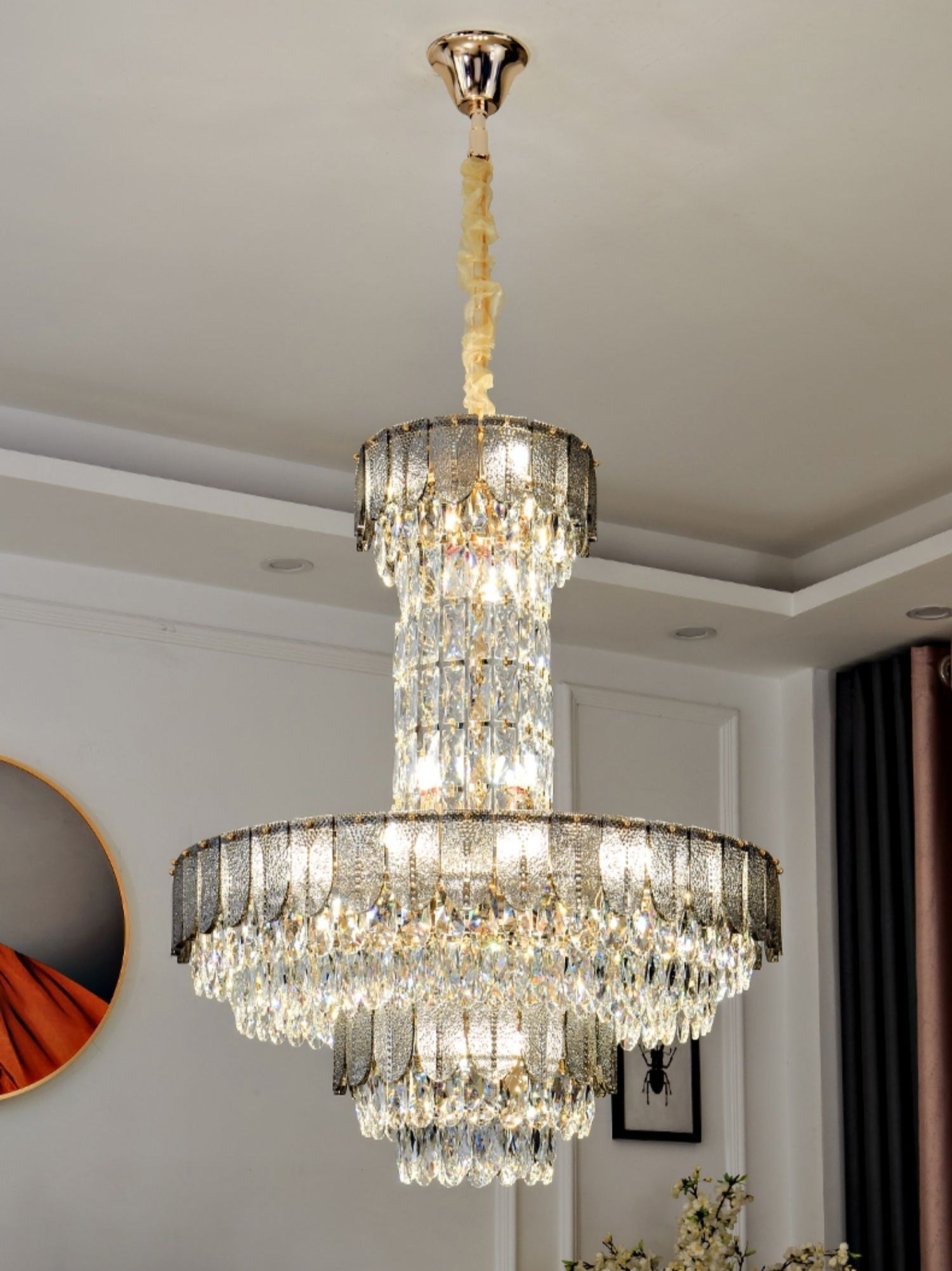 Restaurant/ Hotel Chandelier Foyer Duplex High Ceiling Light Fixture For Staircase/ Living Room In Gray/ Amber/ Blue Trimmed-Nobipets