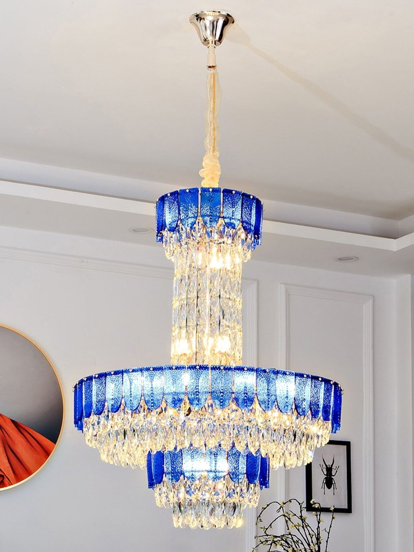 Restaurant/ Hotel Chandelier Foyer Duplex High Ceiling Light Fixture For Staircase/ Living Room In Gray/ Amber/ Blue Trimmed-Nobipets