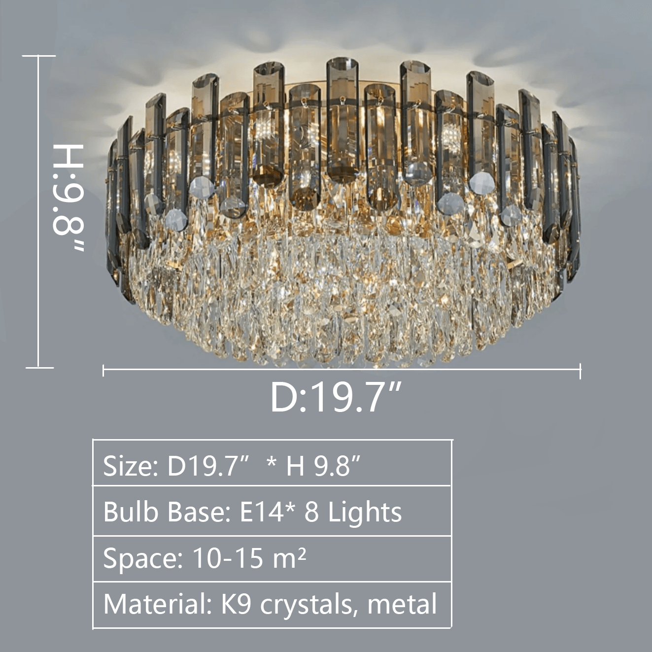 Smoke Gray Crystal Chandelier Flush Mounted Ceiling Light Fitxture Set for Dining Room/Living Room-Nobipets