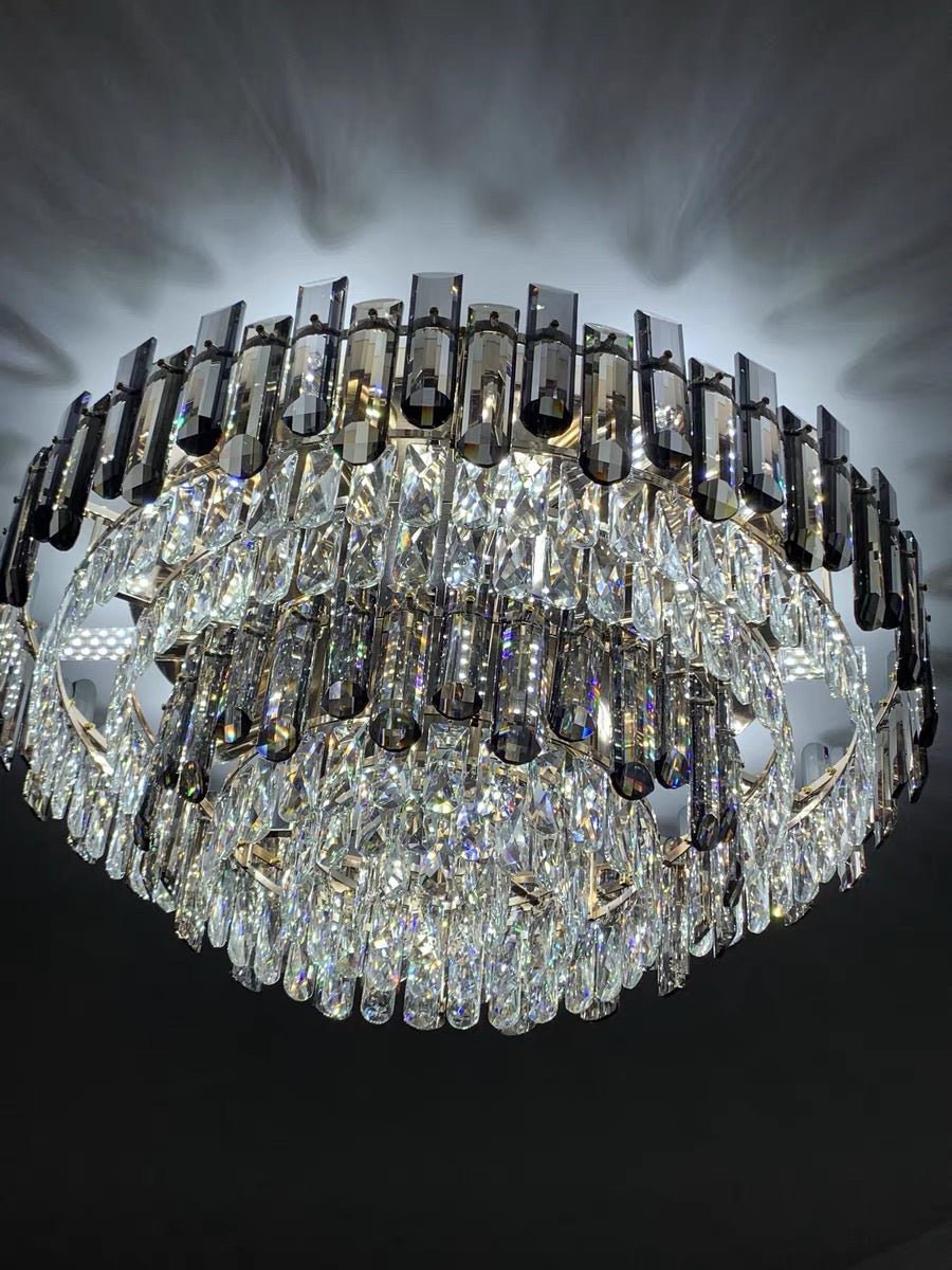 Smoke Gray Crystal Chandelier Flush Mounted Ceiling Light Fitxture Set for Dining Room/Living Room-Nobipets