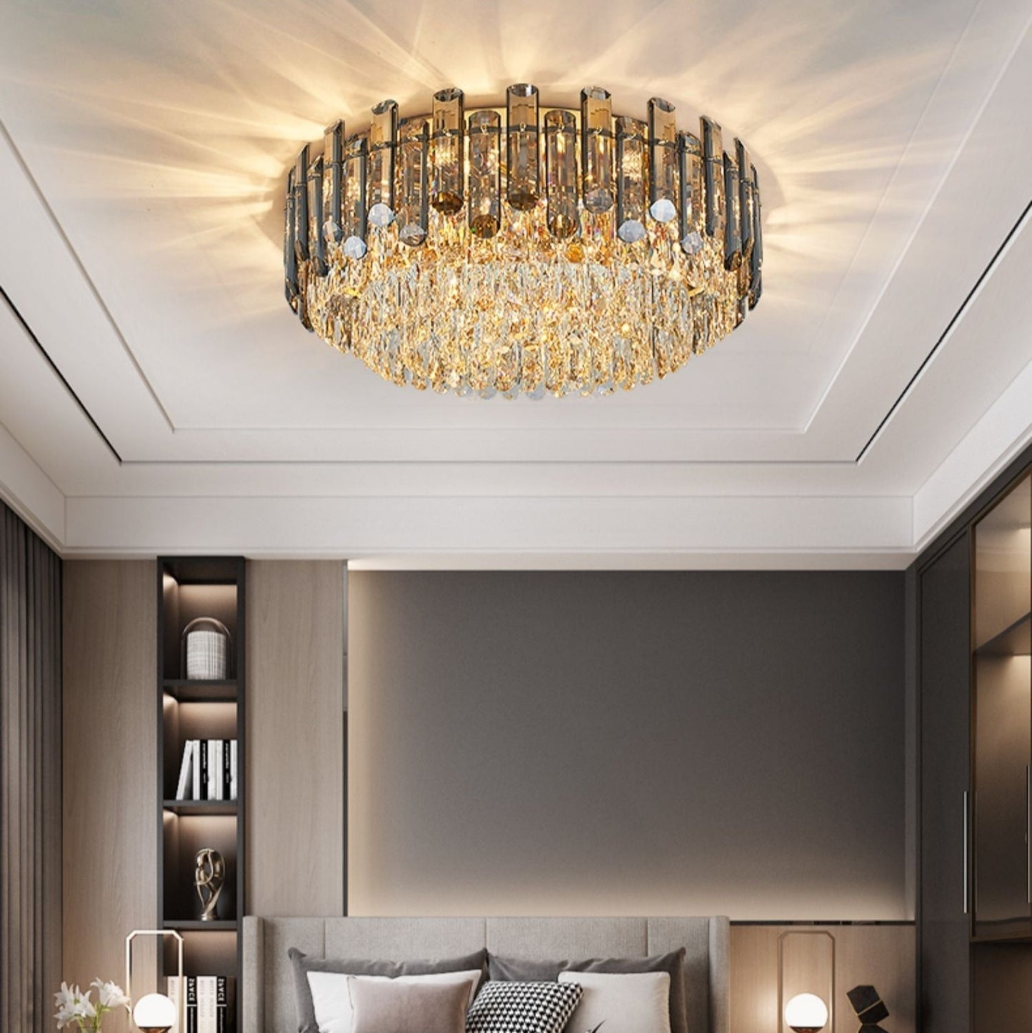 Smoke Gray Crystal Chandelier Flush Mounted Ceiling Light Fitxture Set for Dining Room/Living Room-Nobipets