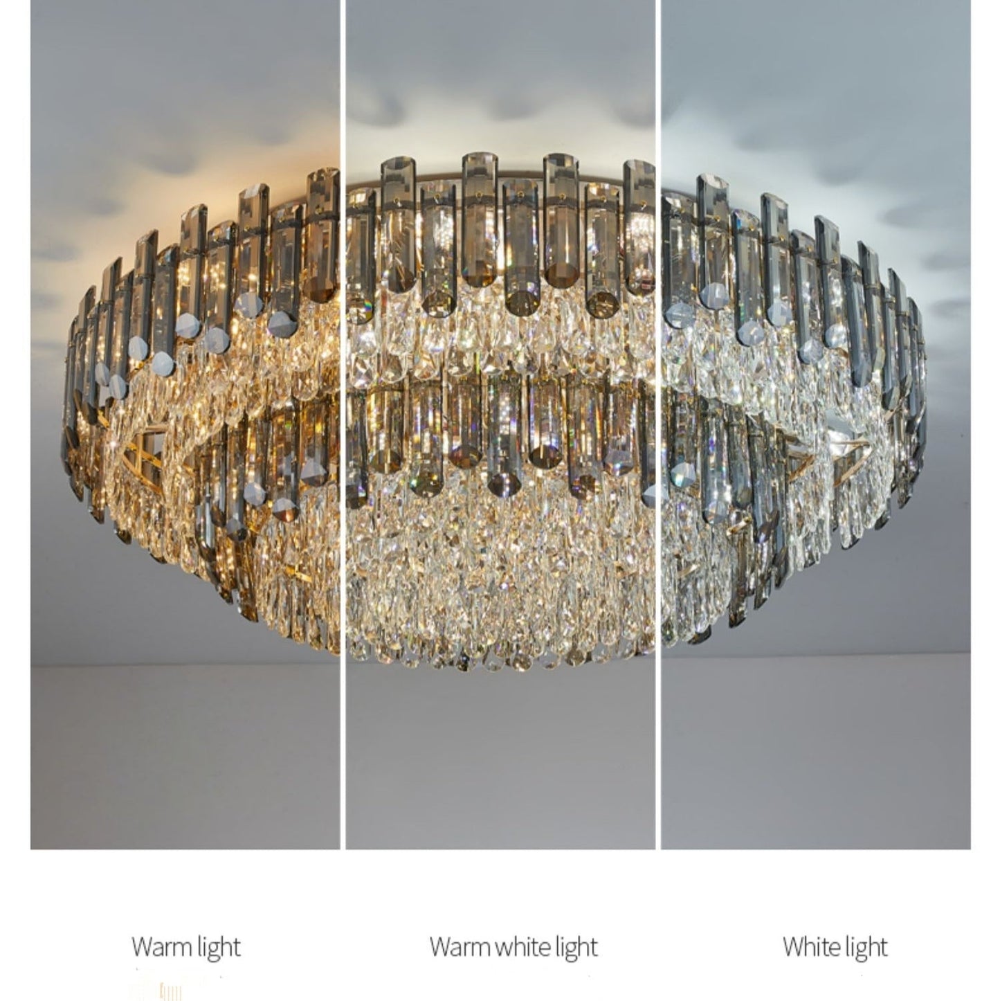 Smoke Gray Crystal Chandelier Flush Mounted Ceiling Light Fitxture Set for Dining Room/Living Room-Nobipets