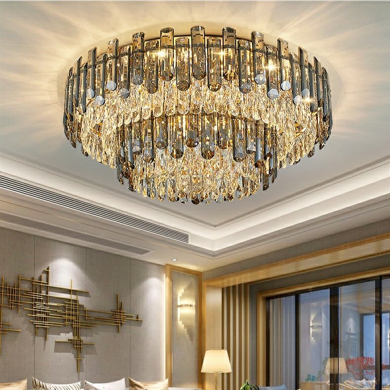 Smoke Gray Crystal Chandelier Flush Mounted Ceiling Light Fitxture Set for Dining Room/Living Room-Nobipets