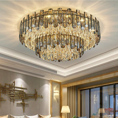 Smoke Gray Crystal Chandelier Flush Mounted Ceiling Light Fitxture Set for Dining Room/Living Room-Nobipets