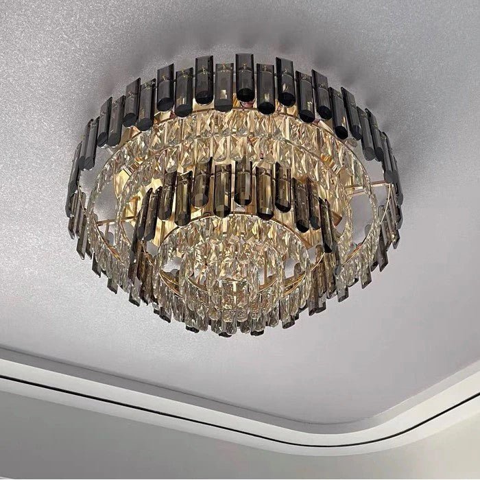 Smoke Gray Crystal Chandelier Flush Mounted Ceiling Light Fitxture Set for Dining Room/Living Room-Nobipets