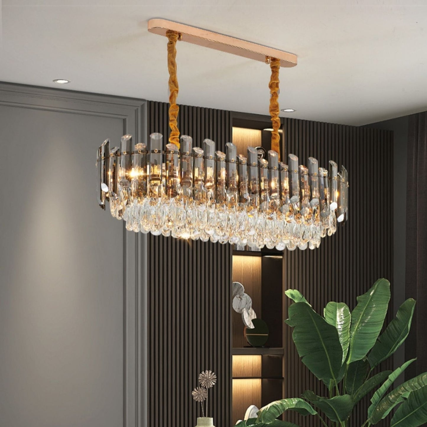 Smoke Gray Crystal Chandelier Flush Mounted Ceiling Light Fitxture Set for Dining Room/Living Room-Nobipets