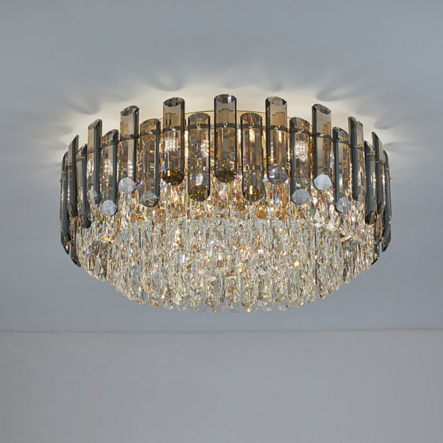 Smoke Gray Crystal Chandelier Flush Mounted Ceiling Light Fitxture Set for Dining Room/Living Room-Nobipets