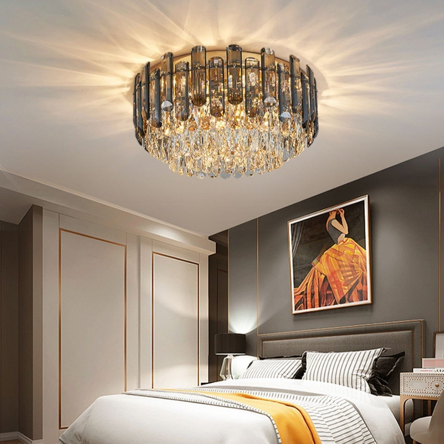 Smoke Gray Crystal Chandelier Flush Mounted Ceiling Light Fitxture Set for Dining Room/Living Room-Nobipets