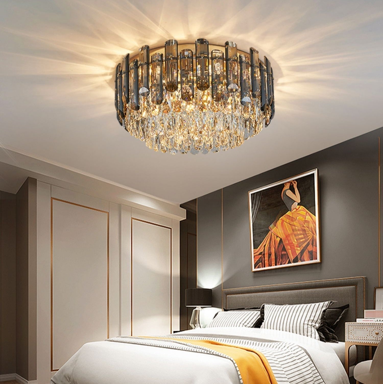 Smoke Gray Crystal Chandelier Flush Mounted Ceiling Light Fitxture Set for Dining Room/Living Room-Nobipets