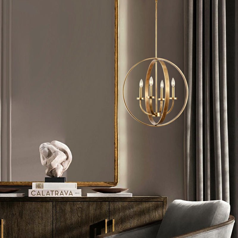 Solid 4-Light Satin Brass 22-Inch Globe Ceiling Lighting Fixture Rustic Candle Shaped Round Chandelier For Living/ Dining Room-Nobipets