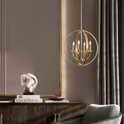 Solid 4-Light Satin Brass 22-Inch Globe Ceiling Lighting Fixture Rustic Candle Shaped Round Chandelier For Living/ Dining Room-Nobipets