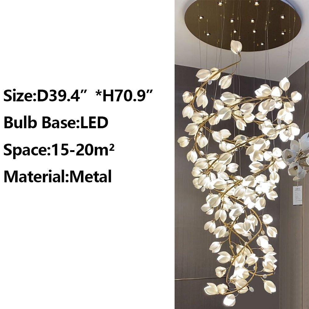 Spiral Pure White Magnolia Chandelier with Golden Branches for Staircase/High-ceiling Space/Foyer/ Duplex-Nobipets