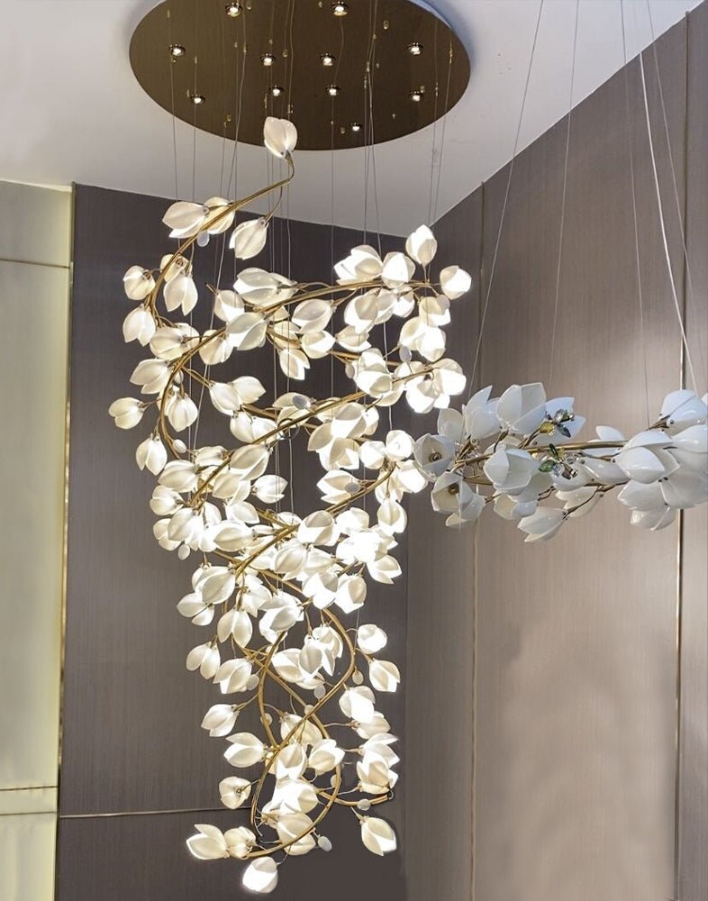 Spiral Pure White Magnolia Chandelier with Golden Branches for Staircase/High-ceiling Space/Foyer/ Duplex-Nobipets