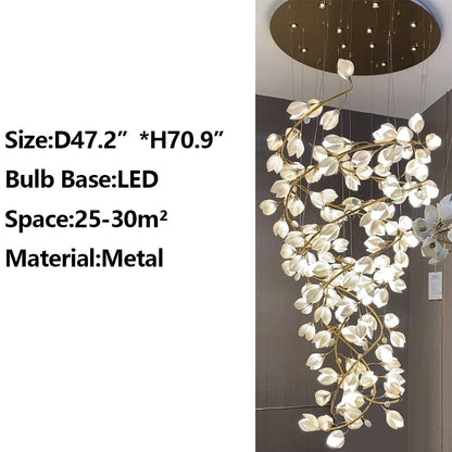 Spiral Pure White Magnolia Chandelier with Golden Branches for Staircase/High-ceiling Space/Foyer/ Duplex-Nobipets