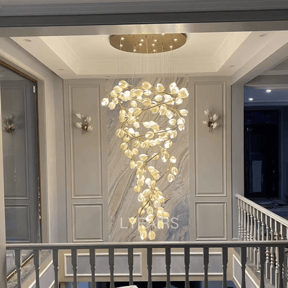 Spiral Pure White Magnolia Chandelier with Golden Branches for Staircase/High-ceiling Space/Foyer/ Duplex-Nobipets