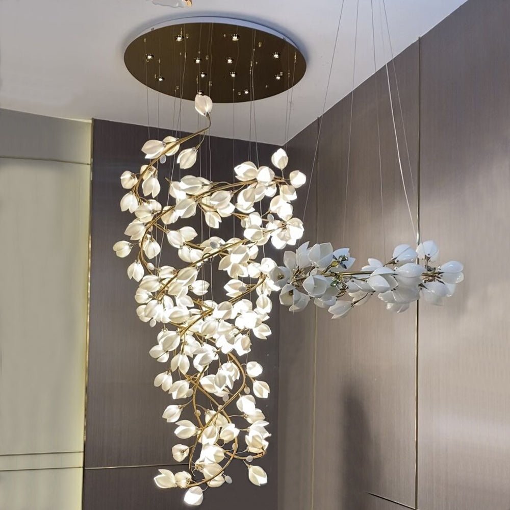 Spiral Pure White Magnolia Chandelier with Golden Branches for Staircase/High-ceiling Space/Foyer/ Duplex-Nobipets
