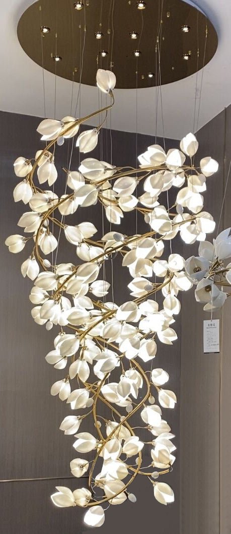Spiral Pure White Magnolia Chandelier with Golden Branches for Staircase/High-ceiling Space/Foyer/ Duplex-Nobipets