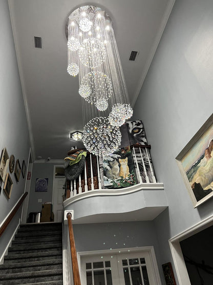Stately Duplex Crystal Chandelier Spiral Raindrop Globe Shape Ceiling Hanging Light for Entryway/Staircase-Nobipets