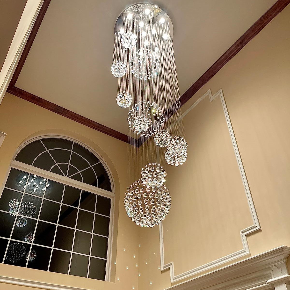 Stately Duplex Crystal Chandelier Spiral Raindrop Globe Shape Ceiling Hanging Light for Entryway/Staircase-Nobipets