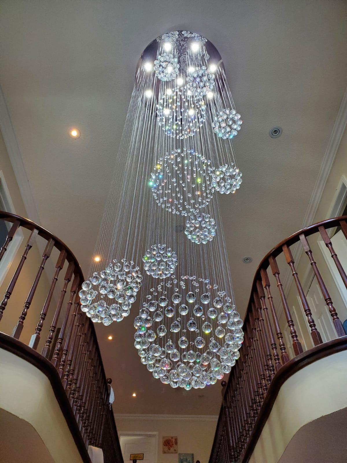 Stately Duplex Crystal Chandelier Spiral Raindrop Globe Shape Ceiling Hanging Light for Entryway/Staircase-Nobipets