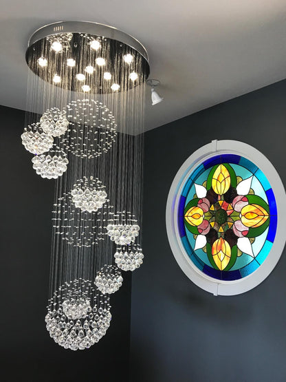 Stately Duplex Crystal Chandelier Spiral Raindrop Globe Shape Ceiling Hanging Light for Entryway/Staircase-Nobipets