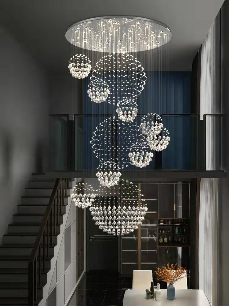 Stately Duplex Crystal Chandelier Spiral Raindrop Globe Shape Ceiling Hanging Light for Entryway/Staircase-Nobipets