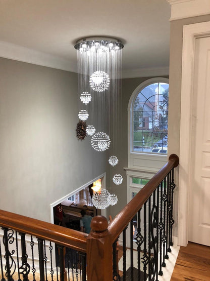 Stately Duplex Crystal Chandelier Spiral Raindrop Globe Shape Ceiling Hanging Light for Entryway/Staircase-Nobipets