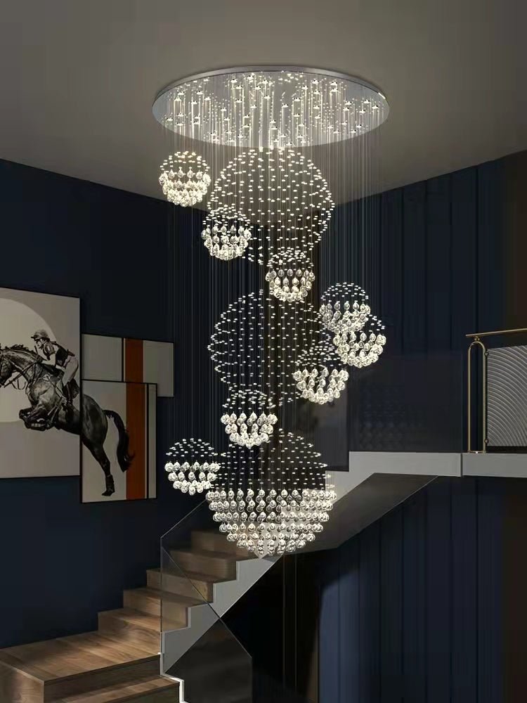 Stately Duplex Crystal Chandelier Spiral Raindrop Globe Shape Ceiling Hanging Light for Entryway/Staircase-Nobipets