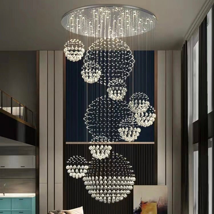 Stately Duplex Crystal Chandelier Spiral Raindrop Globe Shape Ceiling Hanging Light for Entryway/Staircase-Nobipets