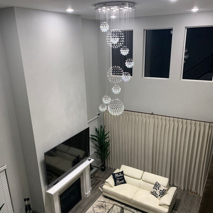Stately Duplex Crystal Chandelier Spiral Raindrop Globe Shape Ceiling Hanging Light for Entryway/Staircase-Nobipets
