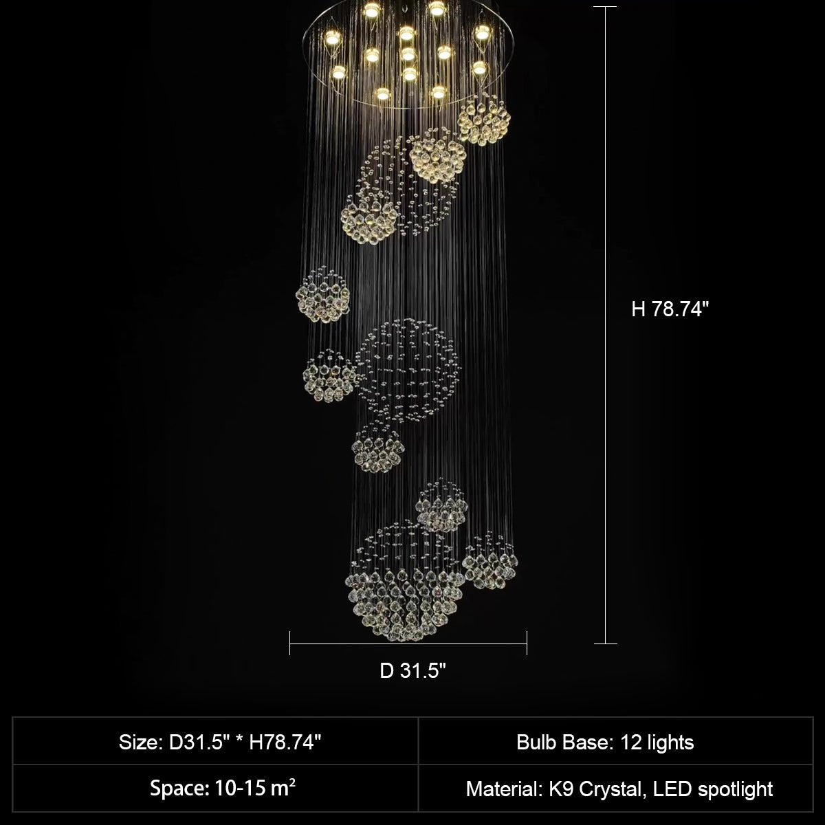 Stately Duplex Crystal Chandelier Spiral Raindrop Globe Shape Ceiling Hanging Light for Entryway/Staircase-Nobipets