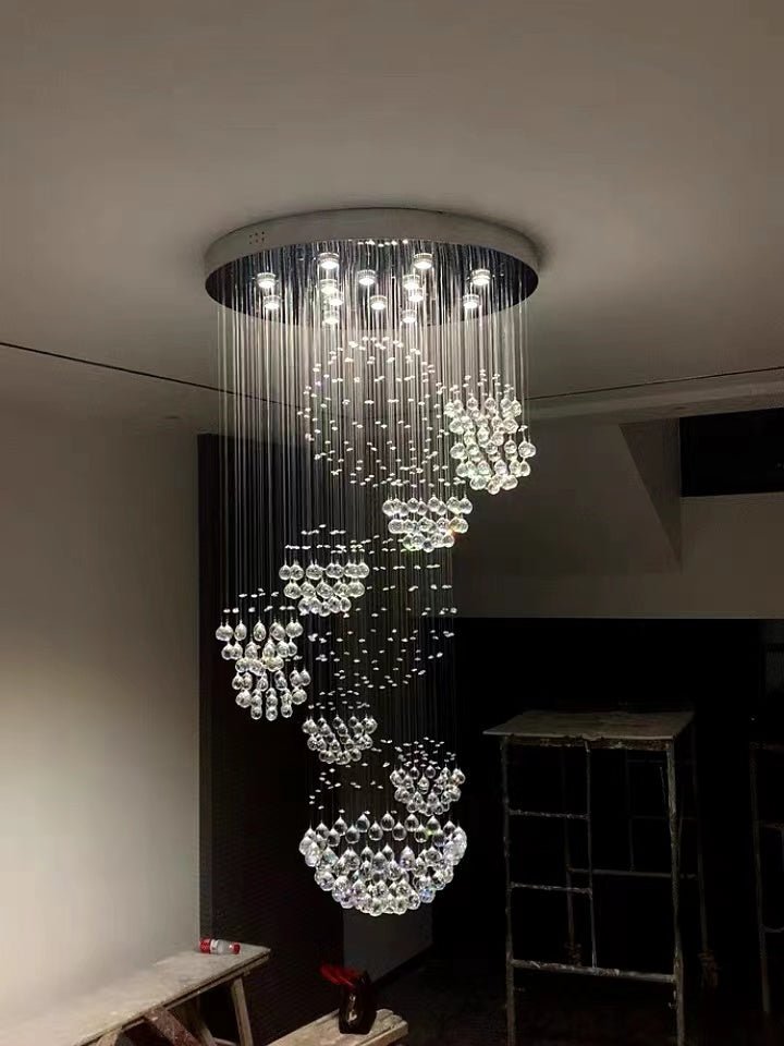 Stately Duplex Crystal Chandelier Spiral Raindrop Globe Shape Ceiling Hanging Light for Entryway/Staircase-Nobipets