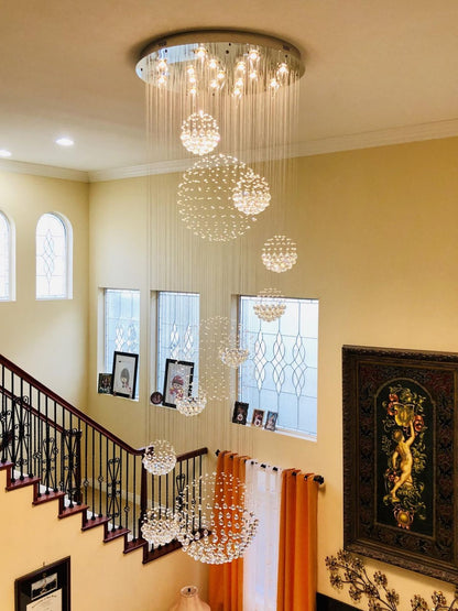 Stately Duplex Crystal Chandelier Spiral Raindrop Globe Shape Ceiling Hanging Light for Entryway/Staircase-Nobipets