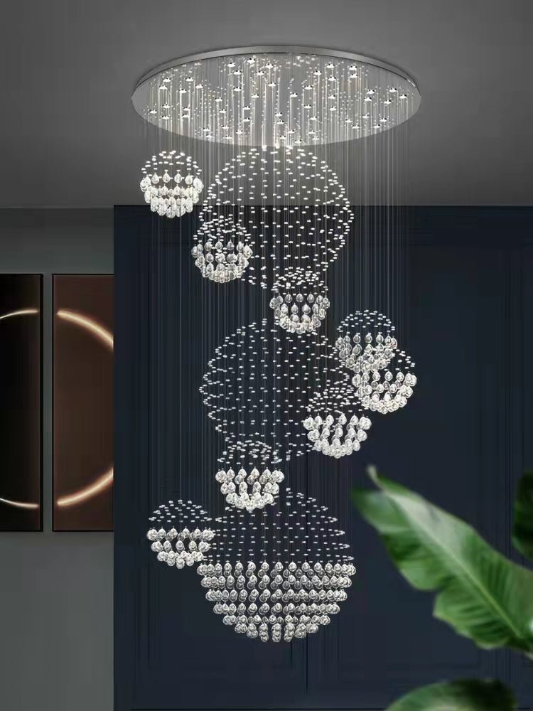 Stately Duplex Crystal Chandelier Spiral Raindrop Globe Shape Ceiling Hanging Light for Entryway/Staircase-Nobipets