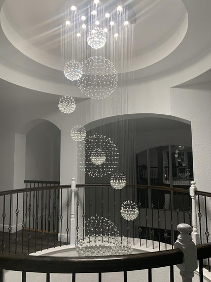 Stately Duplex Crystal Chandelier Spiral Raindrop Globe Shape Ceiling Hanging Light for Entryway/Staircase-Nobipets