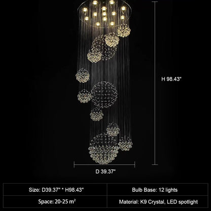 Stately Duplex Crystal Chandelier Spiral Raindrop Globe Shape Ceiling Hanging Light for Entryway/Staircase-Nobipets