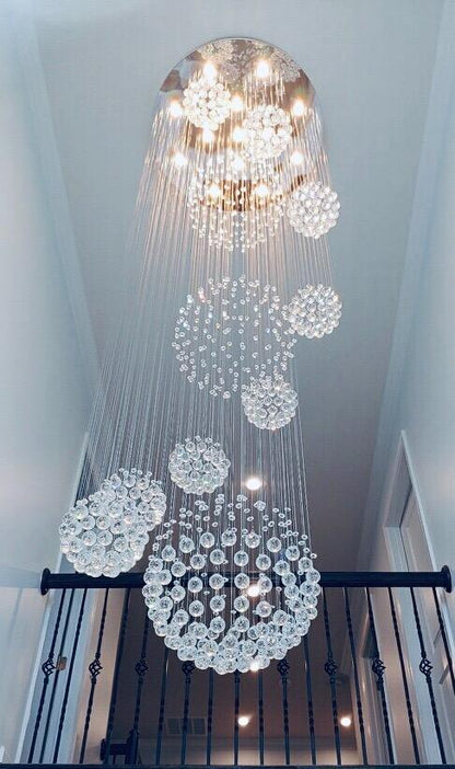Stately Duplex Crystal Chandelier Spiral Raindrop Globe Shape Ceiling Hanging Light for Entryway/Staircase-Nobipets