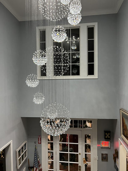 Stately Duplex Crystal Chandelier Spiral Raindrop Globe Shape Ceiling Hanging Light for Entryway/Staircase-Nobipets