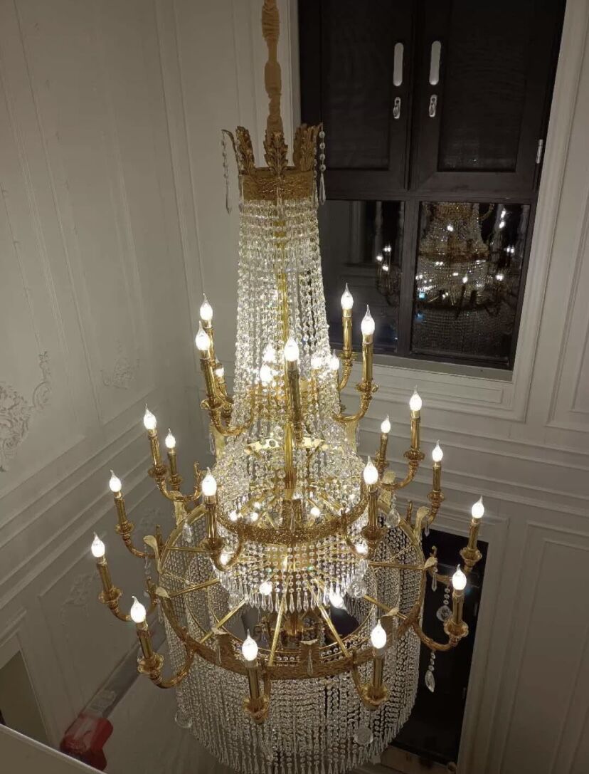 Stunning Oversized Luxury Golden Metal Candle Crystal Tassel Chandelier For High-ceiling Staircase/Entryway/Living/Meeting Room-Nobipets