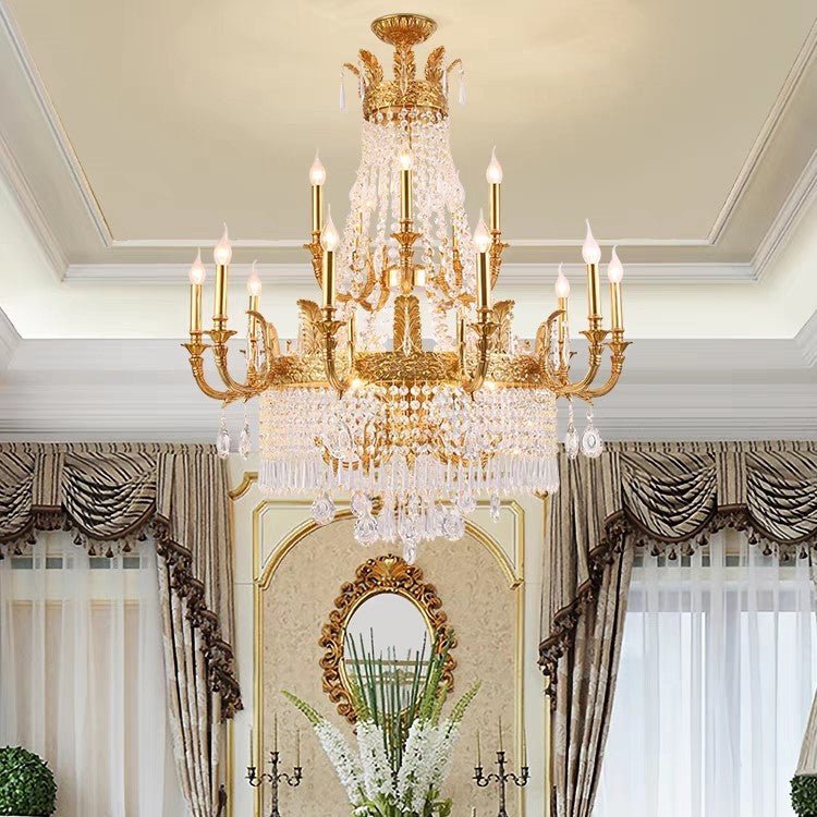 Stunning Oversized Luxury Golden Metal Candle Crystal Tassel Chandelier For High-ceiling Staircase/Entryway/Living/Meeting Room-Nobipets
