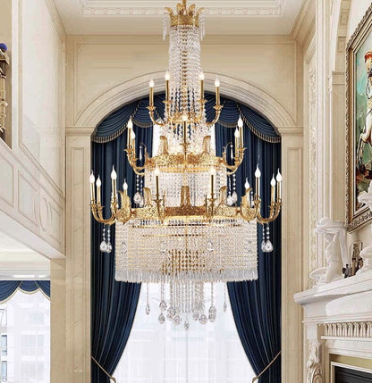 Stunning Oversized Luxury Golden Metal Candle Crystal Tassel Chandelier For High-ceiling Staircase/Entryway/Living/Meeting Room-Nobipets