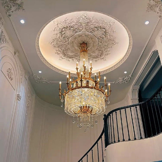 Stunning Oversized Luxury Golden Metal Candle Crystal Tassel Chandelier For High-ceiling Staircase/Entryway/Living/Meeting Room-Nobipets