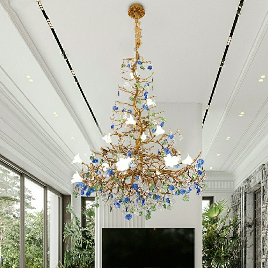 Stylish Colored Glaze Flower Crystal Chandelier Brass Tree Branch Ceiling Light For Living Room Hotel Hall-Nobipets
